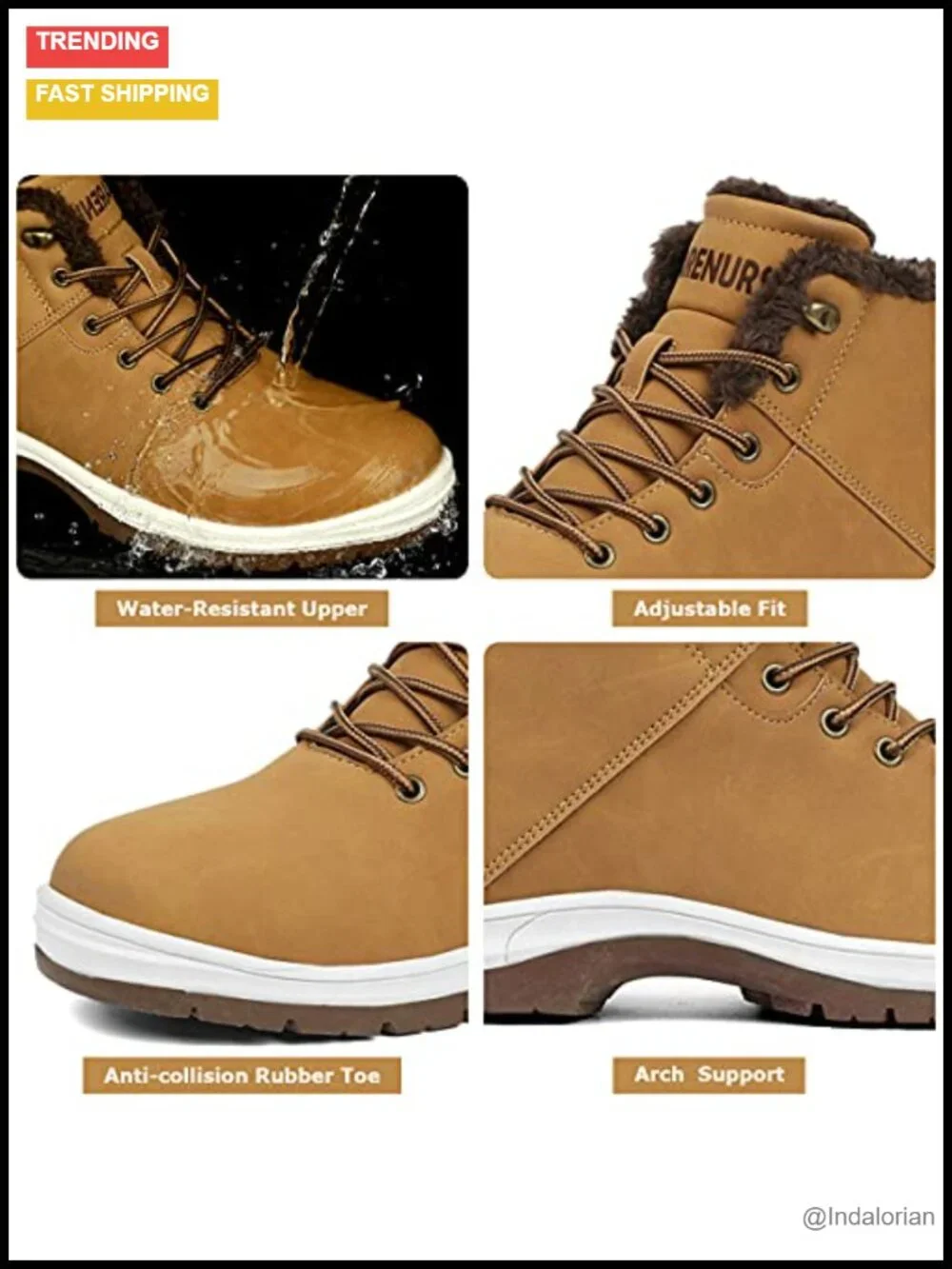 Men's Water Resistant Faux Fur Lined Snow Boots Anti Slip Lightweight Work